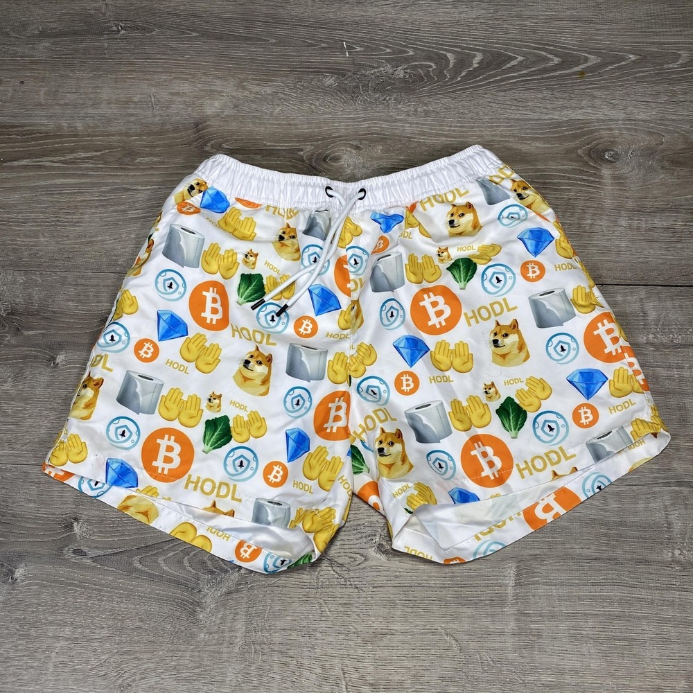Barstool Sports Swim Trunks Mens Medium‎ Crypto Meme Doge Bitcoin HODL Shorts
